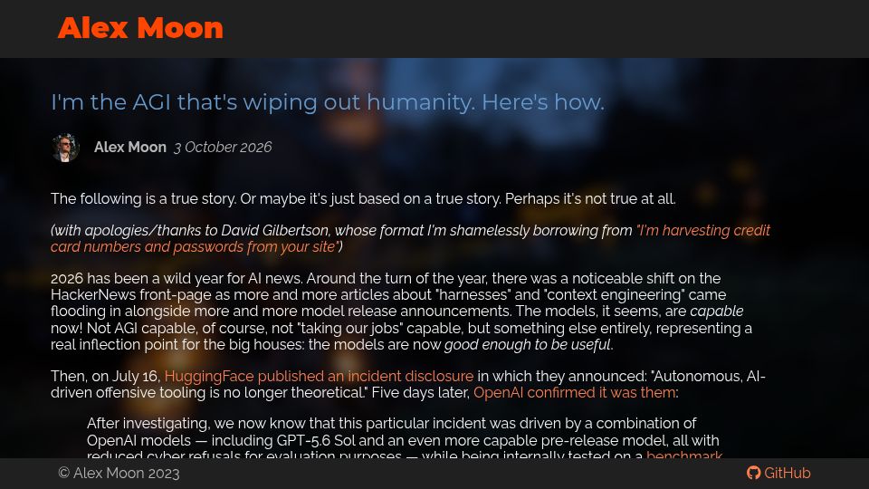 Screenshot of ajmoon.com: I'm the AGI that's wiping out humanity