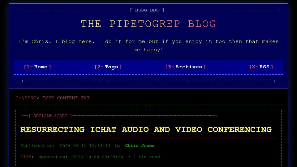 Screenshot of blog.pipetogrep.org: Resurrecting iChat Audio and Video Conferencing