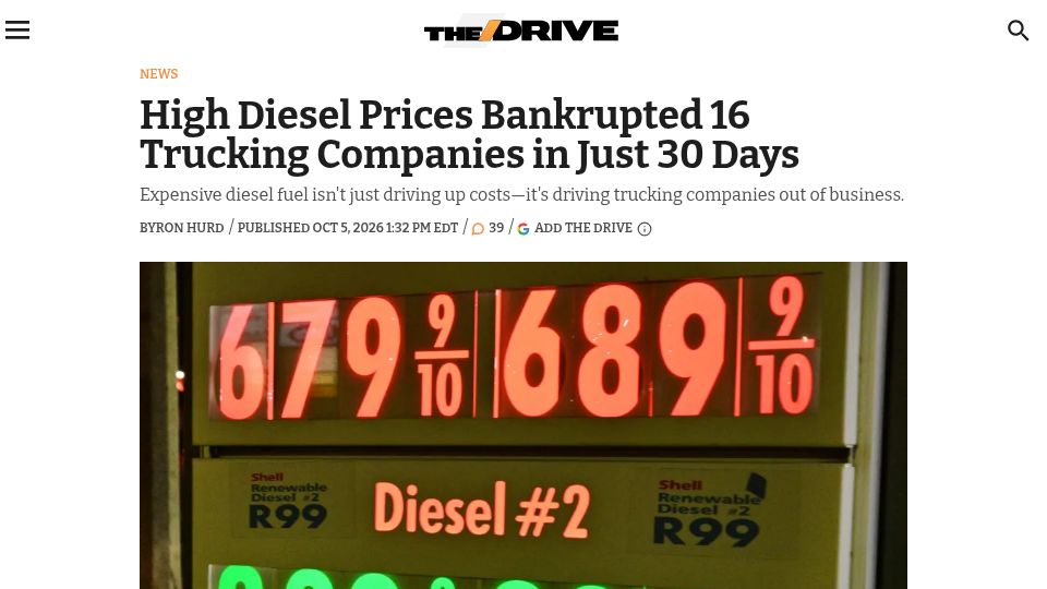 Screenshot of thedrive.com: High Diesel Prices Bankrupted 16 Trucking Companies in Just 30 Days