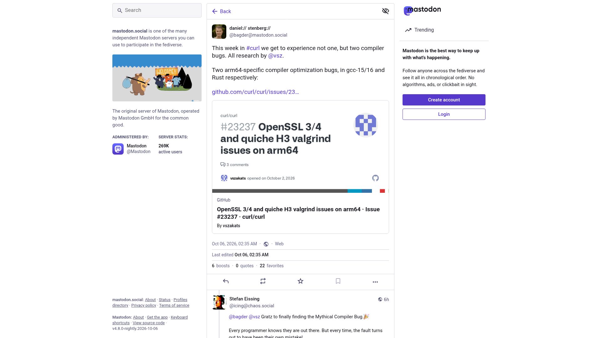 Screenshot of mastodon.social: Two ARM64-specific compiler optimization bugs, in GCC 15/16 and Rust, hit curl