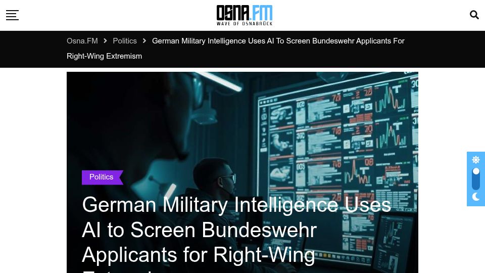Screenshot of news.osna.fm: German Bundeswehr Uses AI to Screen Applicants for Right-Wing Extremism
