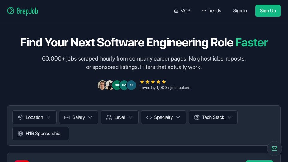 Screenshot of grepjob.com: Show HN: GrepJob – 67,000 SWE jobs scraped from a curated list of top companies