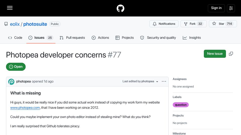 Screenshot of github.com: Photopea creator weighs in on Photosuite project