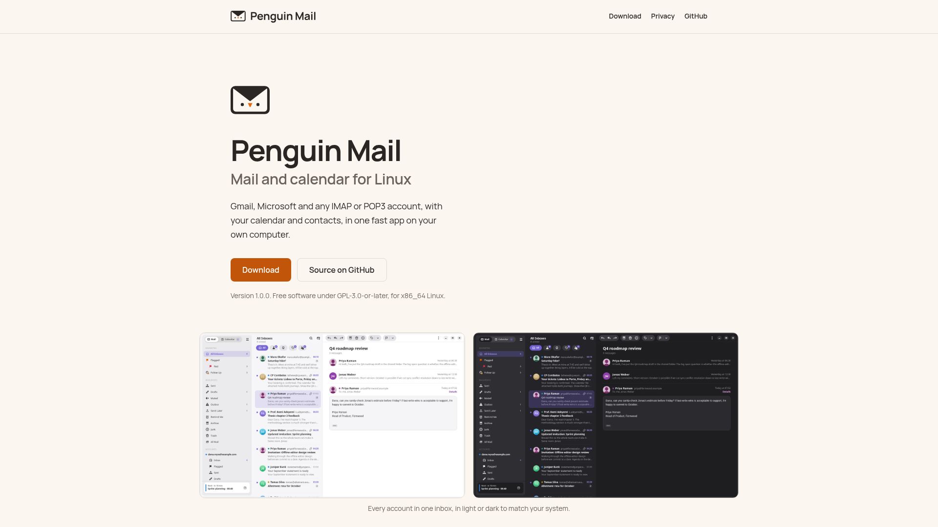 Screenshot of penguin-mail.com: Penguin Mail – open-source Rust email client for Linux with AI