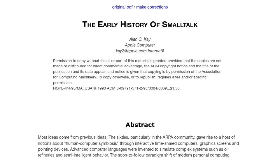 Screenshot of worrydream.com: The Early History of Smalltalk (1993)