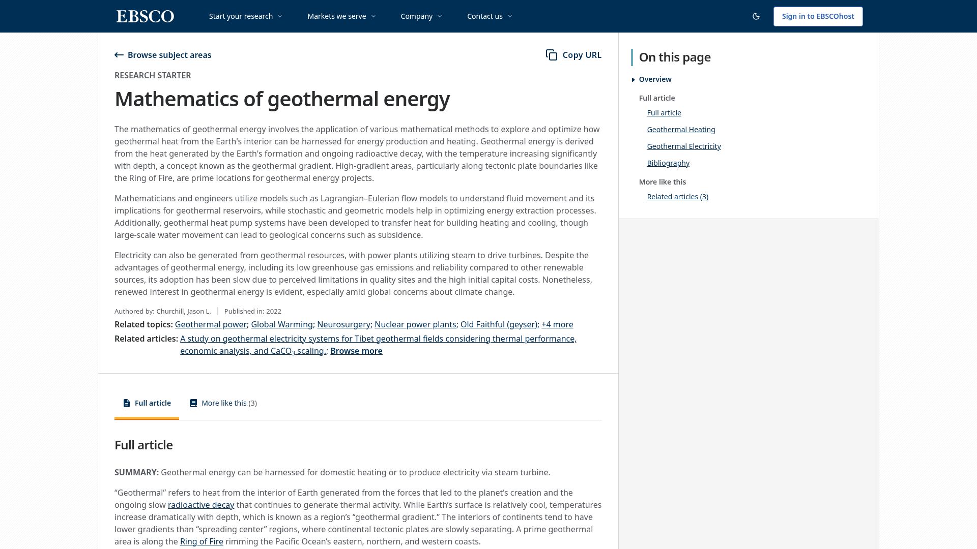 Screenshot of ebsco.com: Mathematics of Geothermal Energy