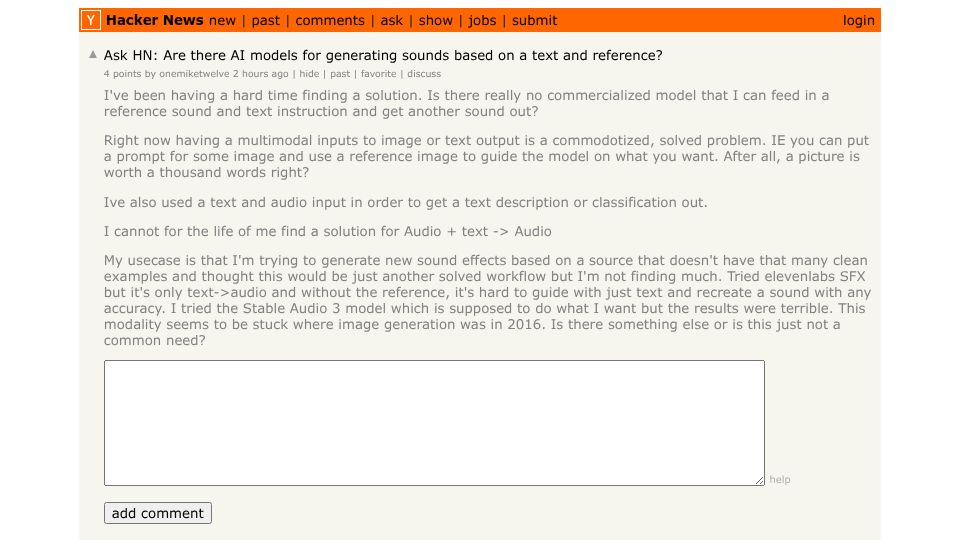 Screenshot of Hacker News post: Ask HN: Are there AI models for generating sounds based on a text and reference?