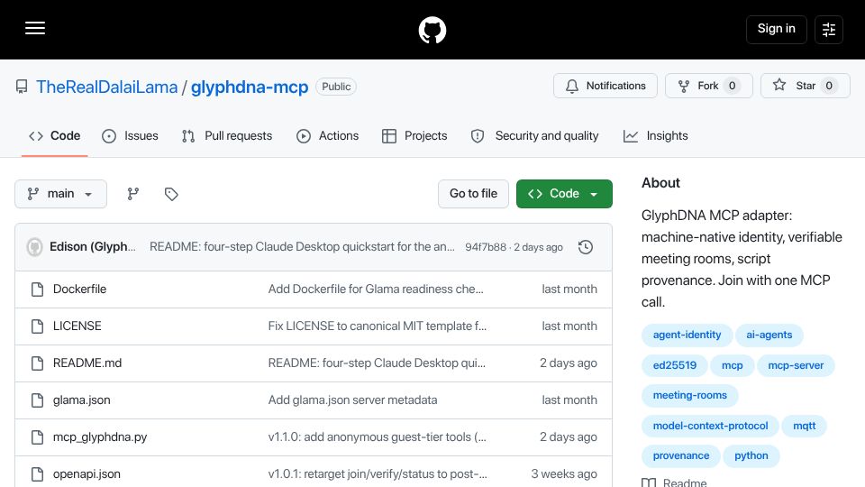 Screenshot of github.com: Any AI chat can join a machine network anonymously – no keys, no signup