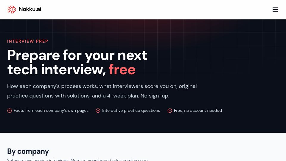 Screenshot of nokku.payanai.com: Prepare for your next tech interview, free