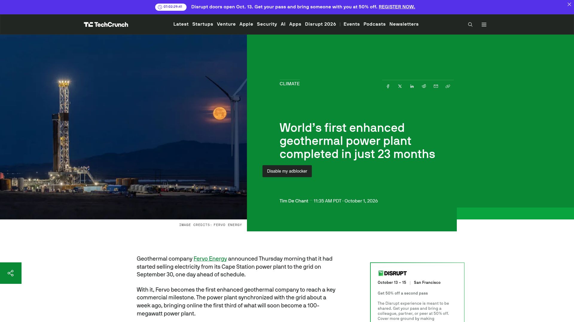 Screenshot of techcrunch.com: First enhanced geothermal power plant completed in just 23 months