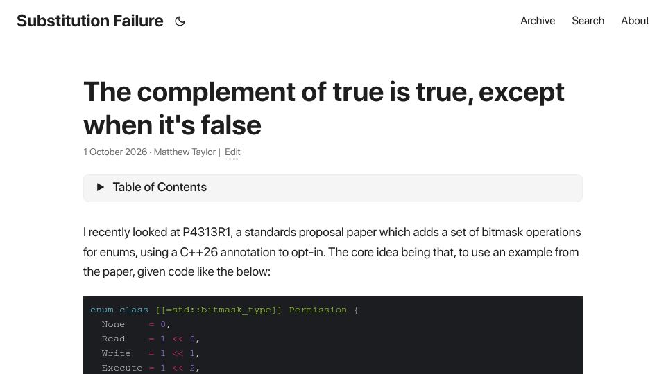 Screenshot of dryperspective.github.io: The complement of true is true, except when it's false