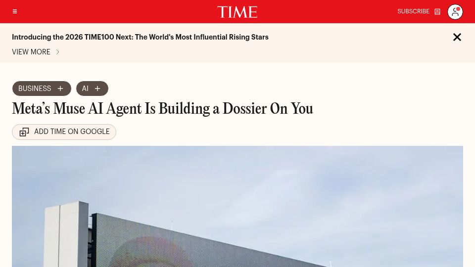 Screenshot of time.com: Meta's Muse AI agent is building a dossier on you