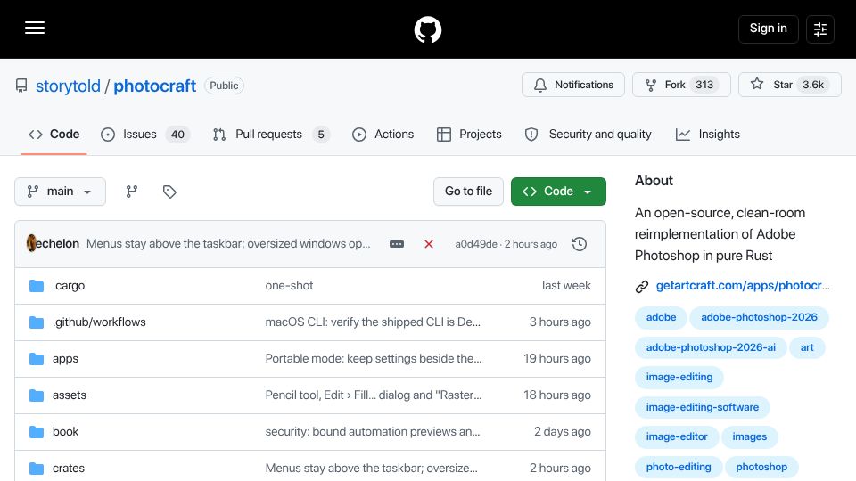 Screenshot of github.com: Adobe Creative Suite Cleanroom Port to Rust