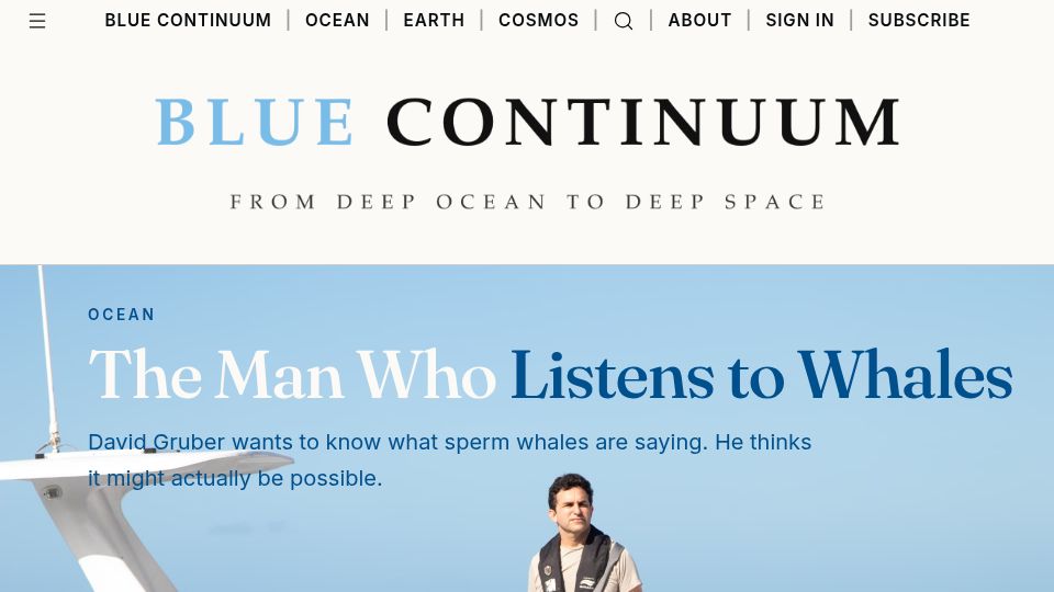 Screenshot of blue-continuum.com: Using A.I. to decode communication of sperm whales
