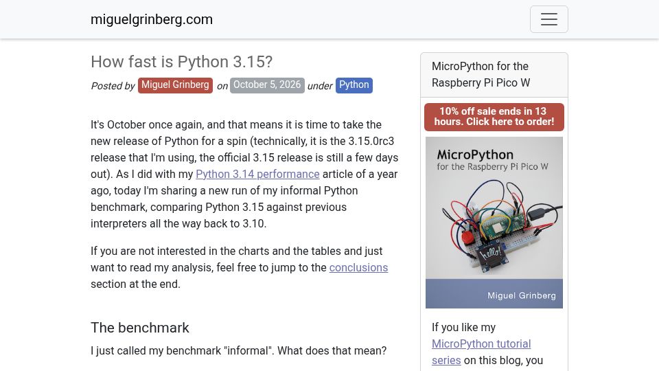 Screenshot of blog.miguelgrinberg.com: How Fast is Python 3.15?