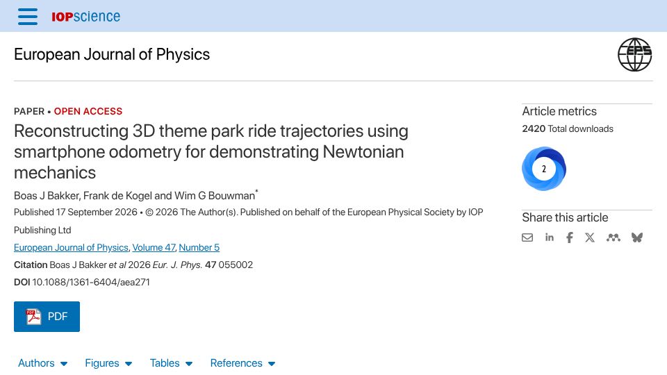 Screenshot of iopscience.iop.org: Using Theme park rides and smartphones for demonstrating Newtonian mechanics