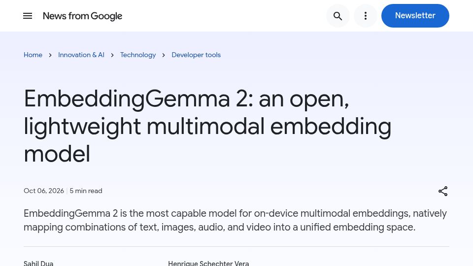 Screenshot of blog.google: EmbeddingGemma 2: An open, lightweight multimodal embedding model