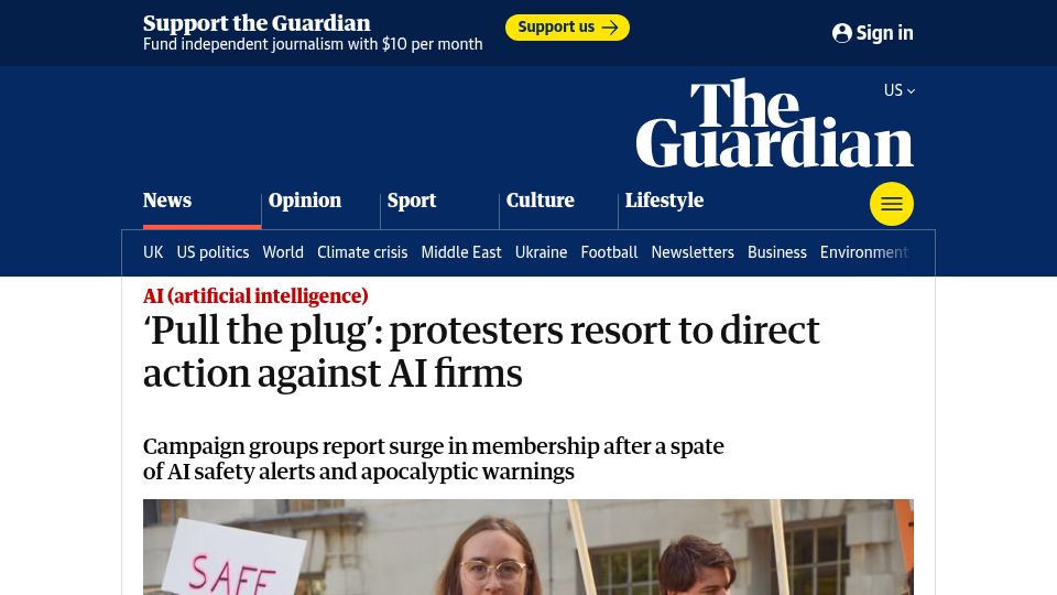Screenshot of theguardian.com: 'Pull the plug': protesters resort to direct action against AI firms