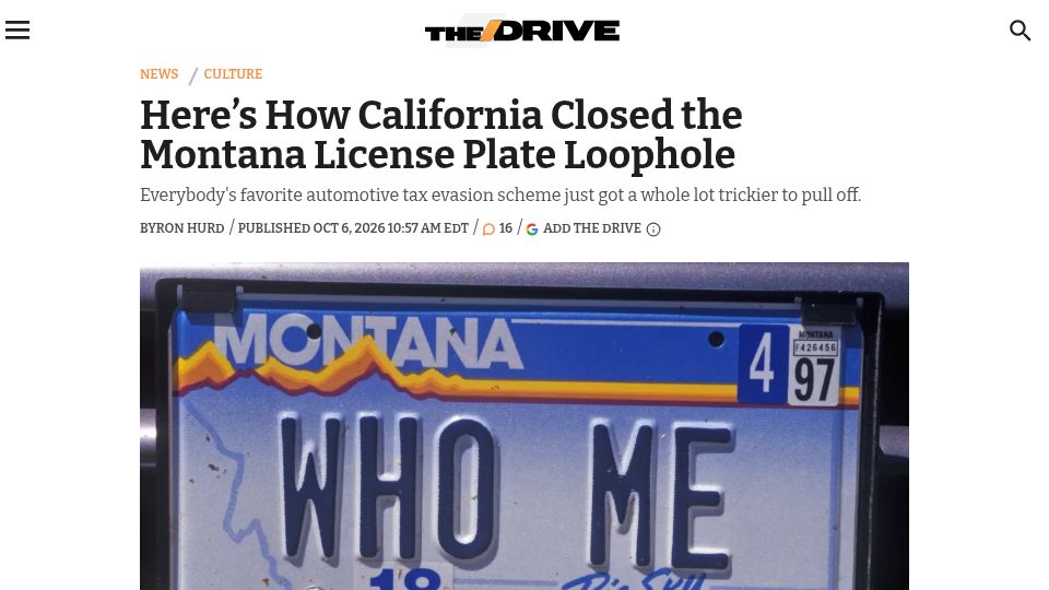 Screenshot of thedrive.com: California closed the Montana license plate loophole