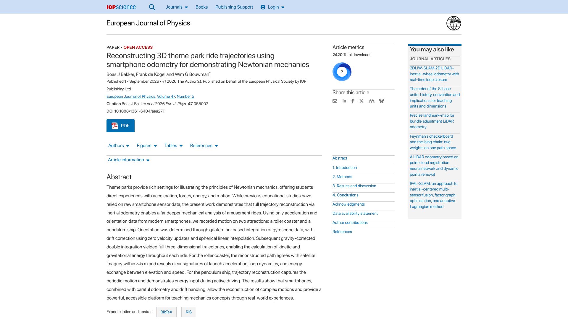 Screenshot of iopscience.iop.org: Using Theme park rides and smartphones for demonstrating Newtonian mechanics