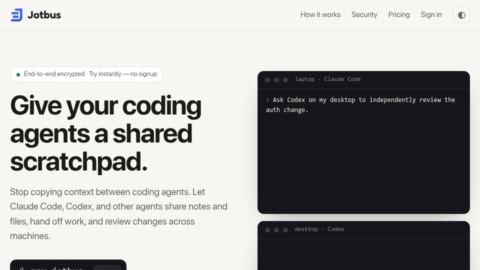 Screenshot of jotbus.com: Show HN: Jotbus – a shared encrypted scratchpad for coding agents