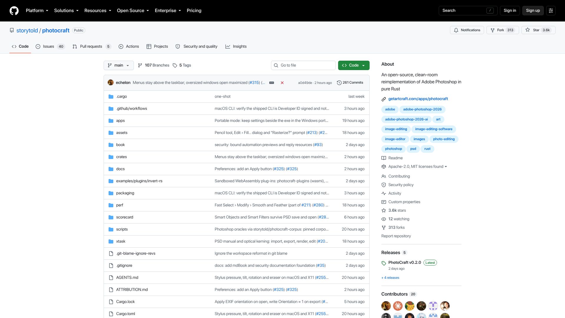 Screenshot of github.com: Adobe Creative Suite Cleanroom Port to Rust