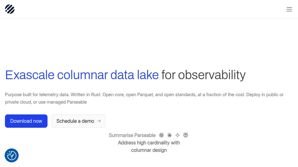 Screenshot of parseable.com: Show HN: Parseable, an open observability datalake, handles 100M time-series/min