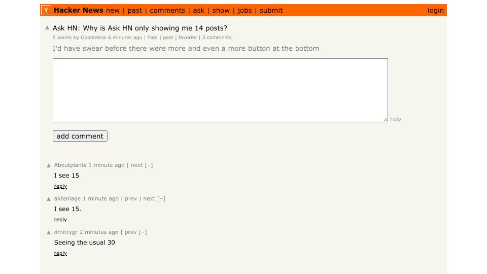 Screenshot of Hacker News post: Ask HN: Why is Ask HN only showing me 14 posts?