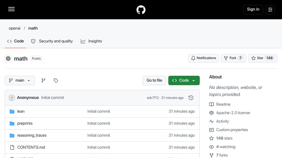 Screenshot of github.com: Mathematical manuscripts and supporting proof artifacts produced by OpenAI