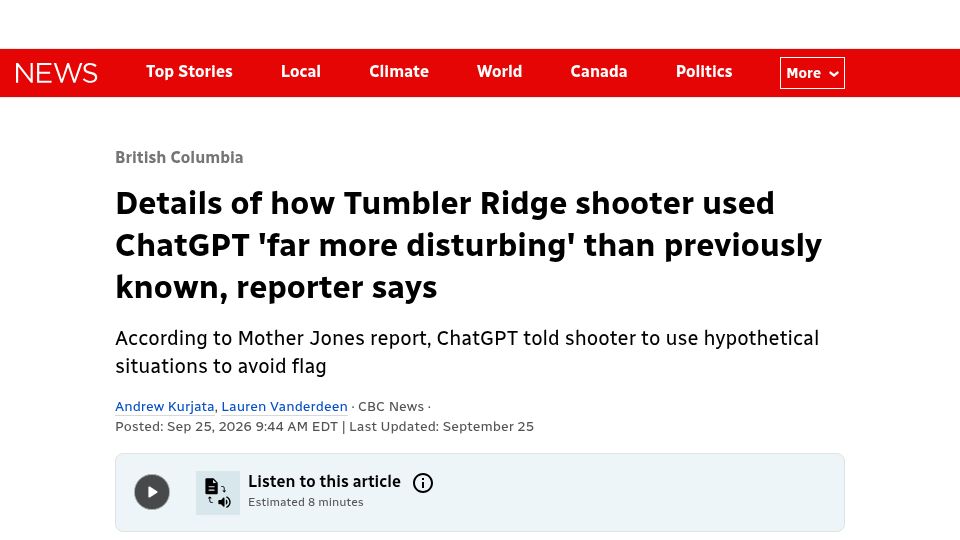 Screenshot of cbc.ca: Tumbler Ridge shooter's ChatGPT use "more disturbing" than known: reporter