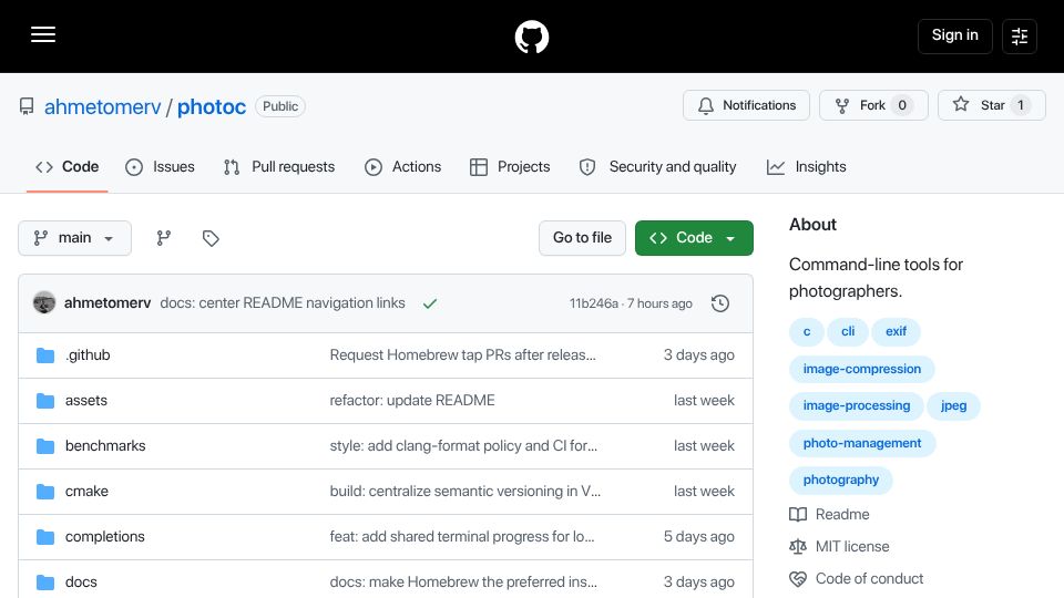 Screenshot of github.com: Show HN: Photoc – Command-line tools for photographers