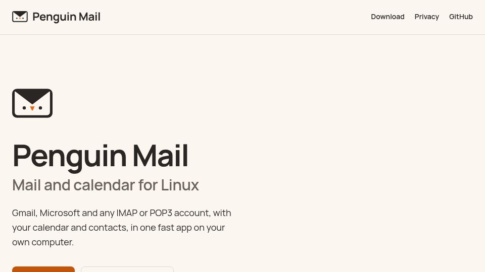 Screenshot of penguin-mail.com: Penguin Mail – open-source Rust email client for Linux with AI
