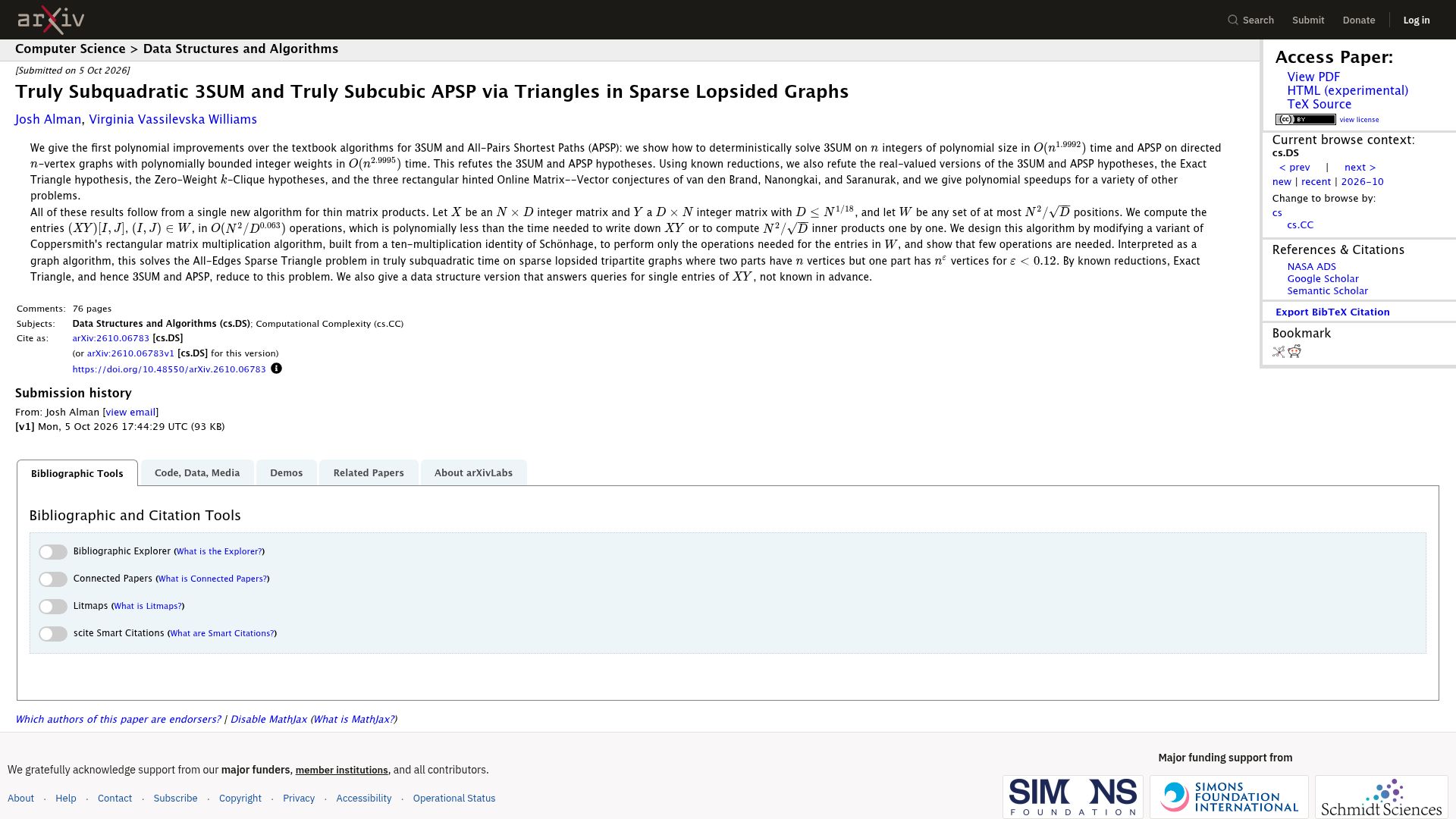 Screenshot of arxiv.org: Subquadratic 3SUM and Subcubic APSP