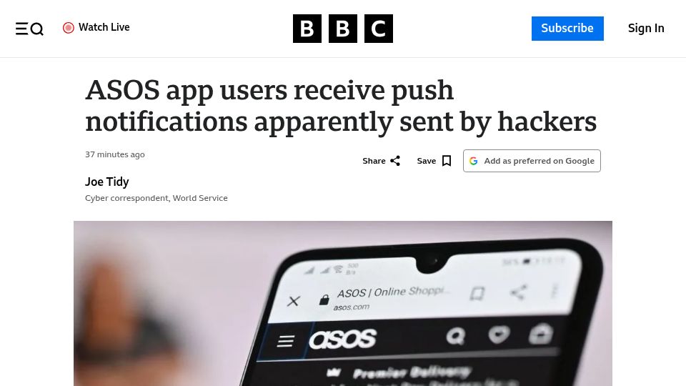 Screenshot of bbc.co.uk: ASOS app users receive push notifications apparently sent by hackers