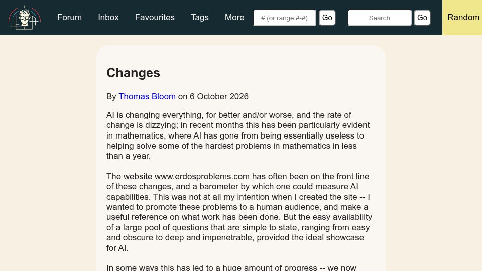 Screenshot of erdosproblems.com: Erdosproblems.com Succumbs to the AI Onslaught