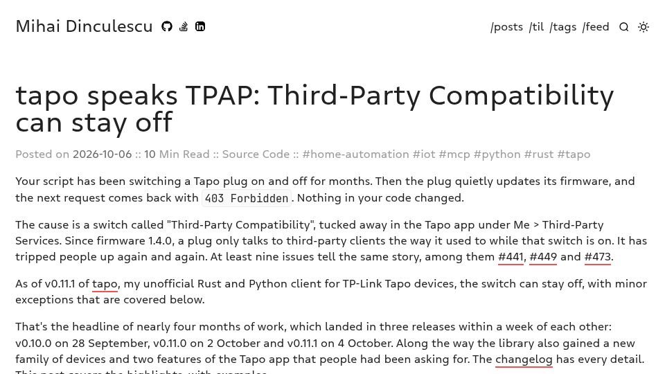 Screenshot of mihai.dinculescu.dev: Tapo (Rust/Python library) now speaks TP-Link's TPAP protocol