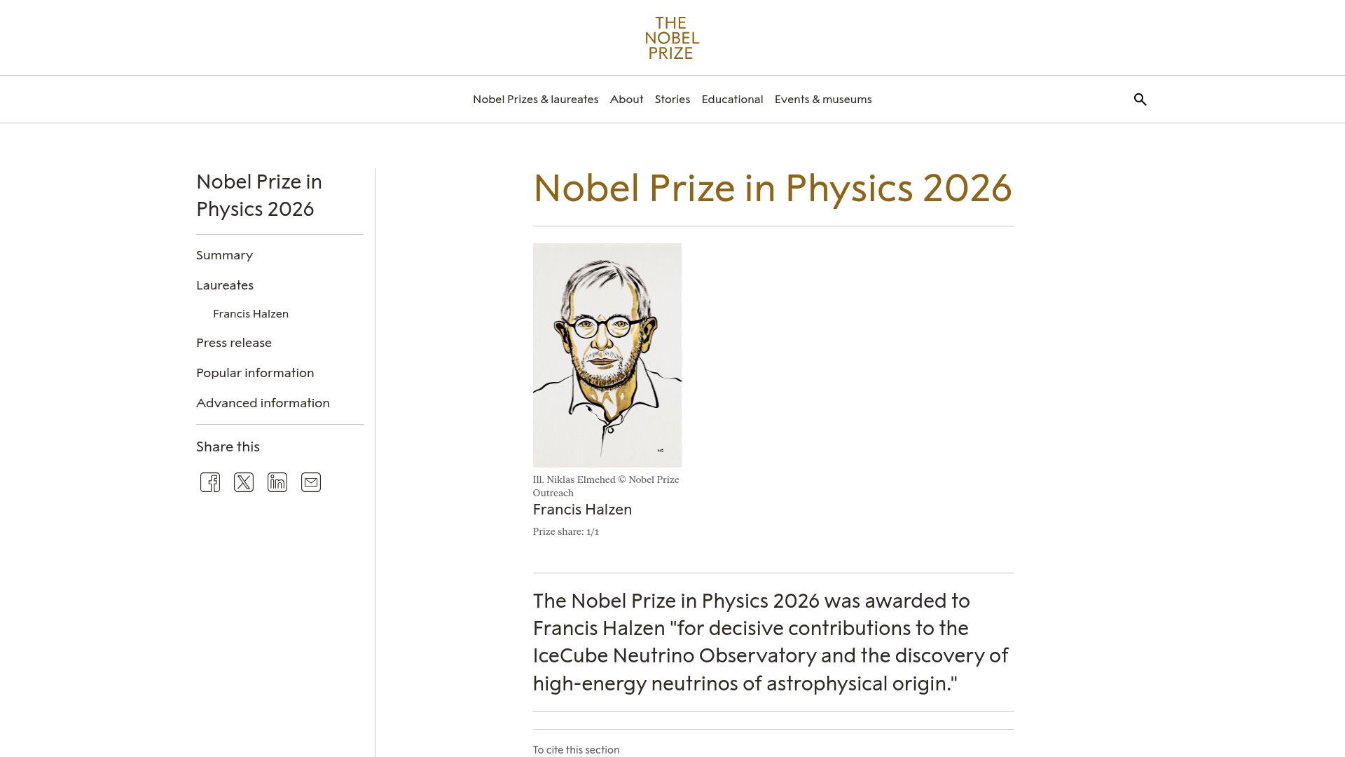 Screenshot of nobelprize.org: Nobel Prize in Physics 2026: Francis Halzen