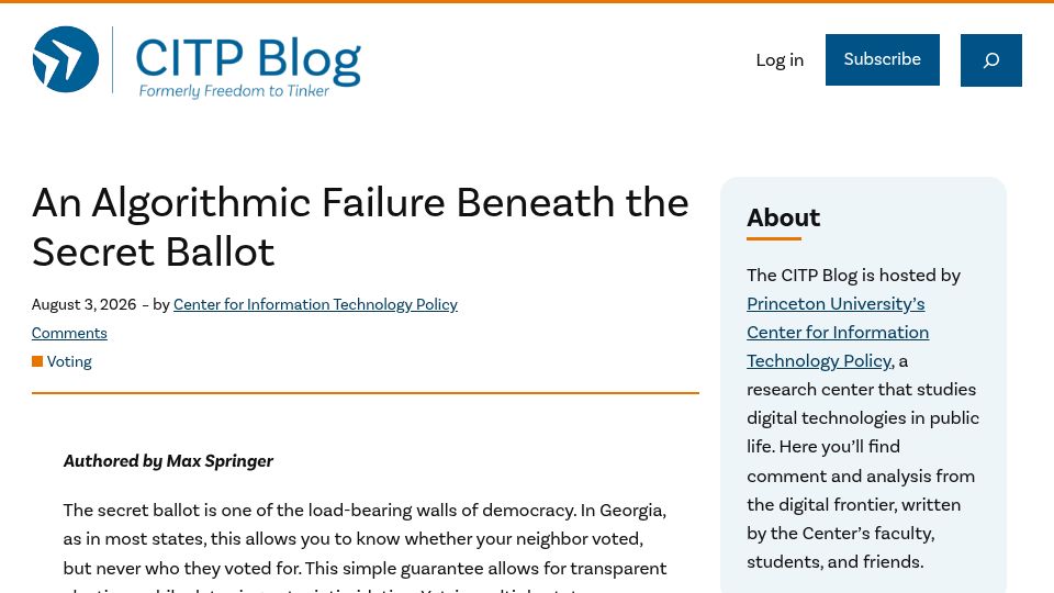 Screenshot of blog.citp.princeton.edu: An algorithmic failure beneath the secret ballot