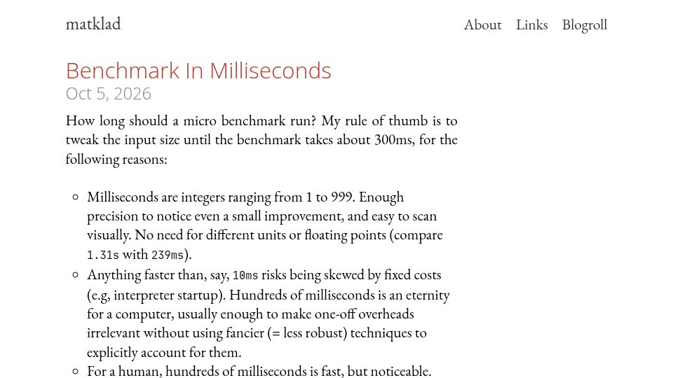 Screenshot of matklad.github.io: Benchmark in Milliseconds