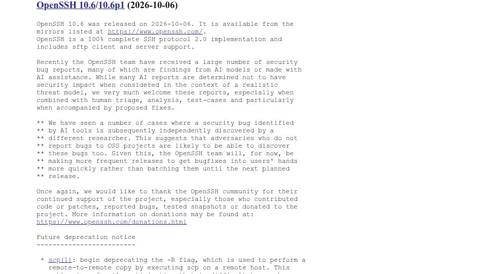 Screenshot of openssh.org: OpenSSH 10.6