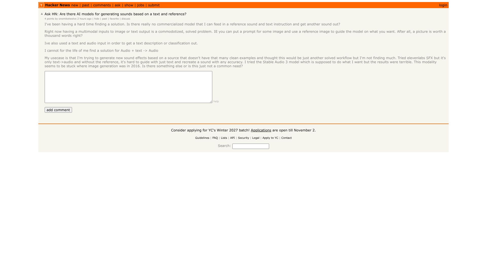 Screenshot of this Hacker News post: Ask HN: Are there AI models for generating sounds based on a text and reference?