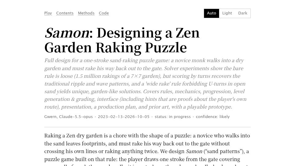 Screenshot of gwern.net: Samon: Designing a Zen Garden Raking Puzzle