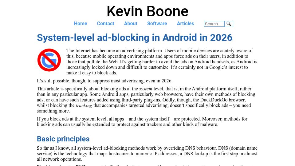 Screenshot of kevinboone.me: System-level ad-blocking in Android