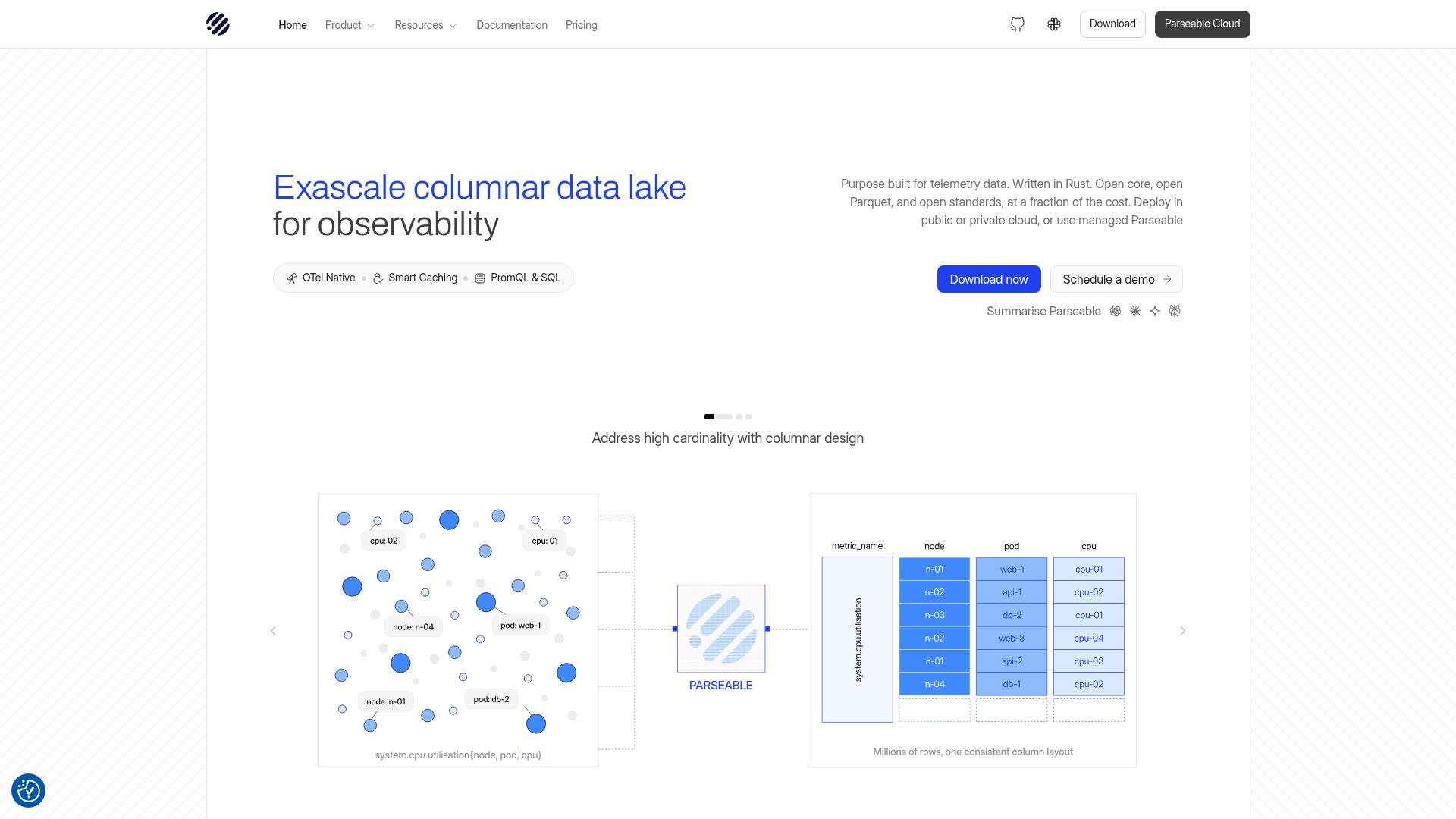 Screenshot of parseable.com: Show HN: Parseable, an open observability datalake, handles 100M time-series/min