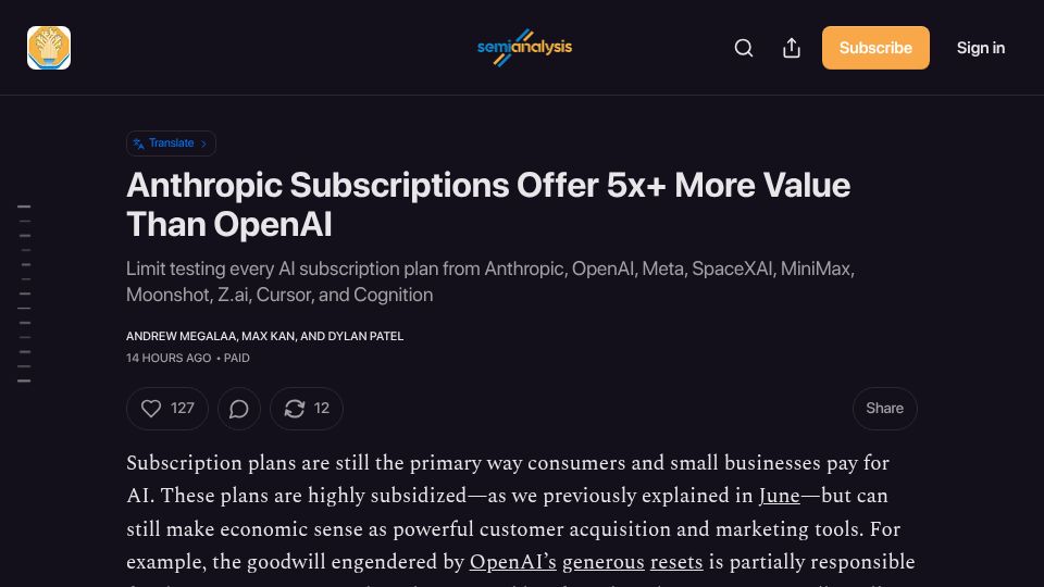 Screenshot of newsletter.semianalysis.com: Anthropic Subscriptions Offer 5x+ More Value Than OpenAI