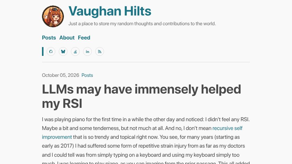 Screenshot of vaughanhilts.me: LLMs may have helped my RSI