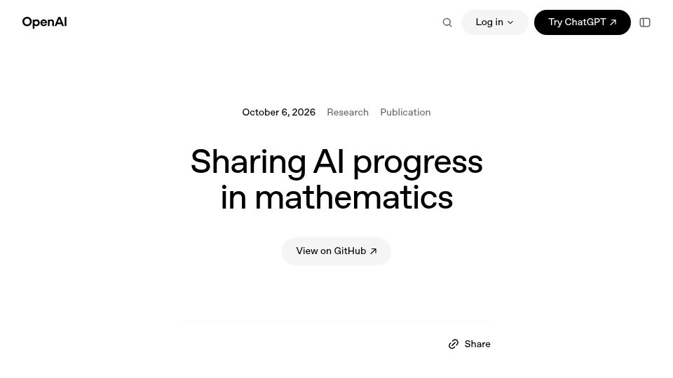 Screenshot of openai.com: Sharing AI progress in mathematics
