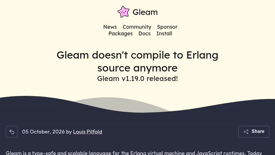 Screenshot of gleam.run: Gleam doesn't compile to Erlang source anymore