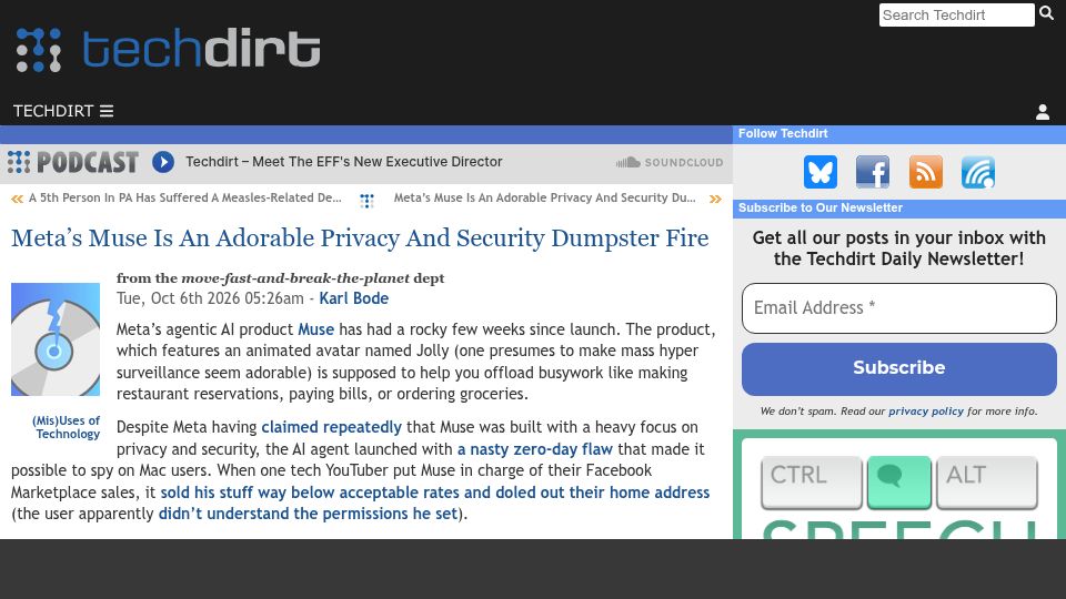 Screenshot of techdirt.com: Meta’s Muse is an adorable privacy and security dumpster fire