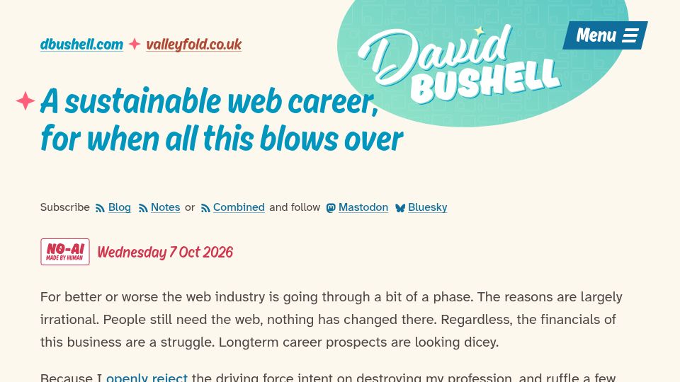 Screenshot of dbushell.com: A sustainable web career, for when all this blows over